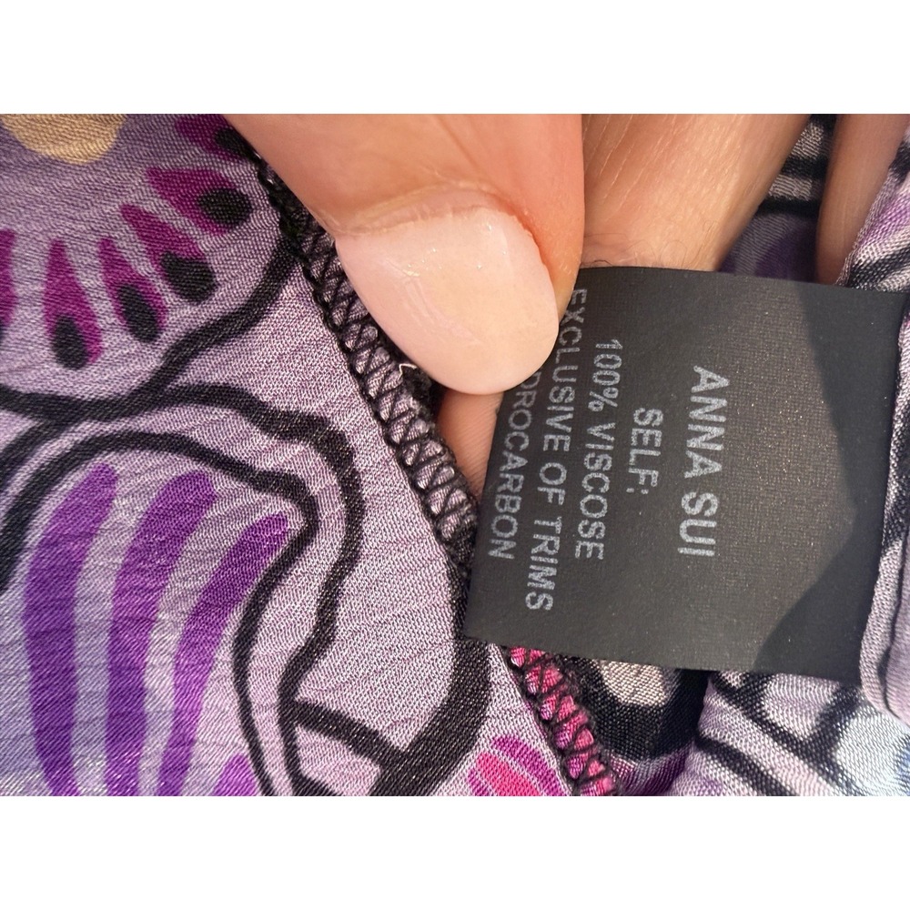 Anna Sui USA Dress XL Purple Floral smocked high neck 70'S Vintage Boho Chic - Picture 13 of 14